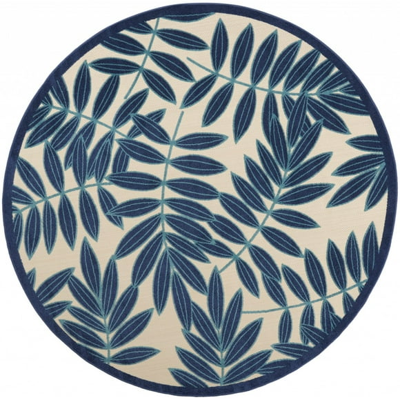 homeroots outdoor 385235 8’ Round Navy and Beige Leaves Indoor Outdoor Area Rug