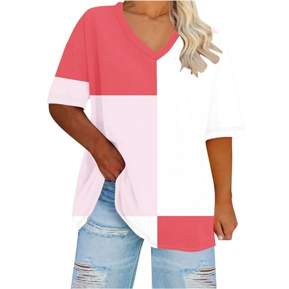 fatyb Womens Plus Size V Neck T Shirts Short Sleeve Color Block Tee Summer Casual Loose Tops for Women