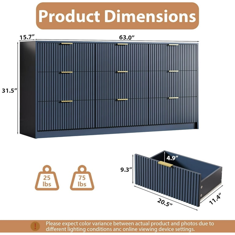 FURNIWAY Blue 9 Drawer Dresser, Fluted Wood Design, Gold Handles, Anti-Tip  Safety, 63 Inches Wide - Walmart.com