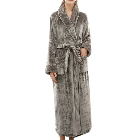 

Lumento Women Long Sleeve Fleece Robes Spa Bathrobe Warm Nightgown Waistband Pajamas