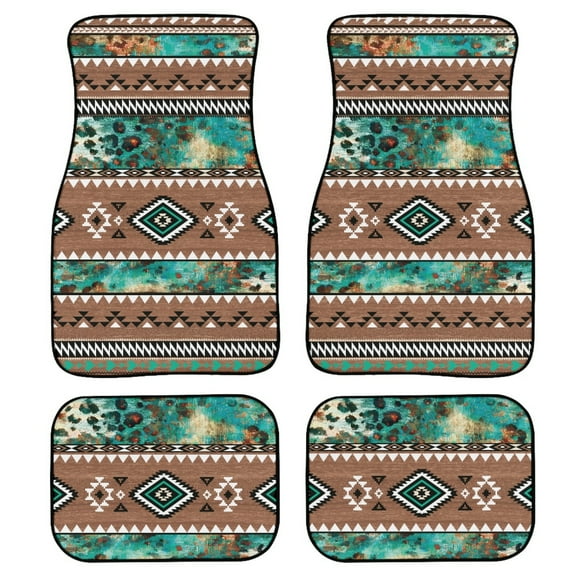 Renewold Car Floor Mats 4 Pack Universal Fit Front & Rear Rubber Auto Rugs Full Set, Car Interior Decoration for SUV Van Truck Sedan, Southwest American Tribal Leopard Print Teal Brown