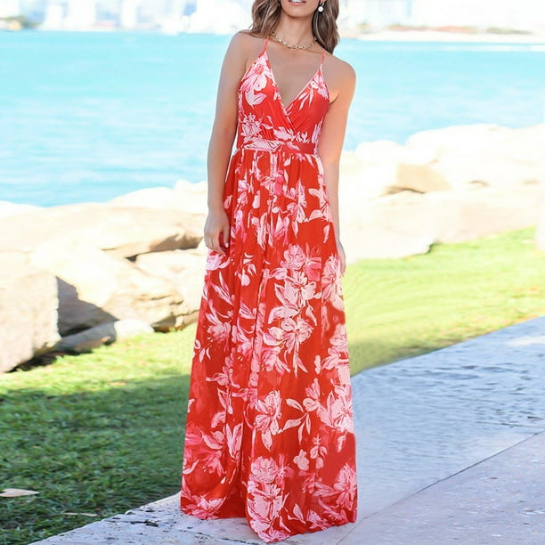 Cross Wrap V Neck Long Dress, Sleeveless Skin Friendly Adjustable Strap  Beach Dress Floral Printed For Appointments LQ226 Red S 