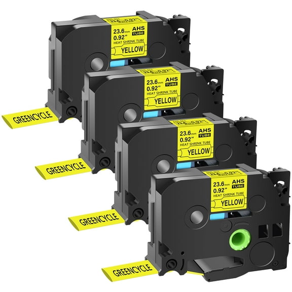 GREENCYCLE 4PK Compatible for Brother P-touch HSE-651 HS-651 HSe651 HS651 23.6mm 0.92" Black on Yellow Heat-shrink Label Tape