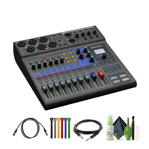 Zoom LiveTrak L-8 Portable 8-Channel Digital Mixer and Multitrack Recorder   10 Ft XLR Cable   Cleaning kit   Wire Straps    Xpix Balanced Interconnect, 1/4 inch TRS to Same, 15 ft