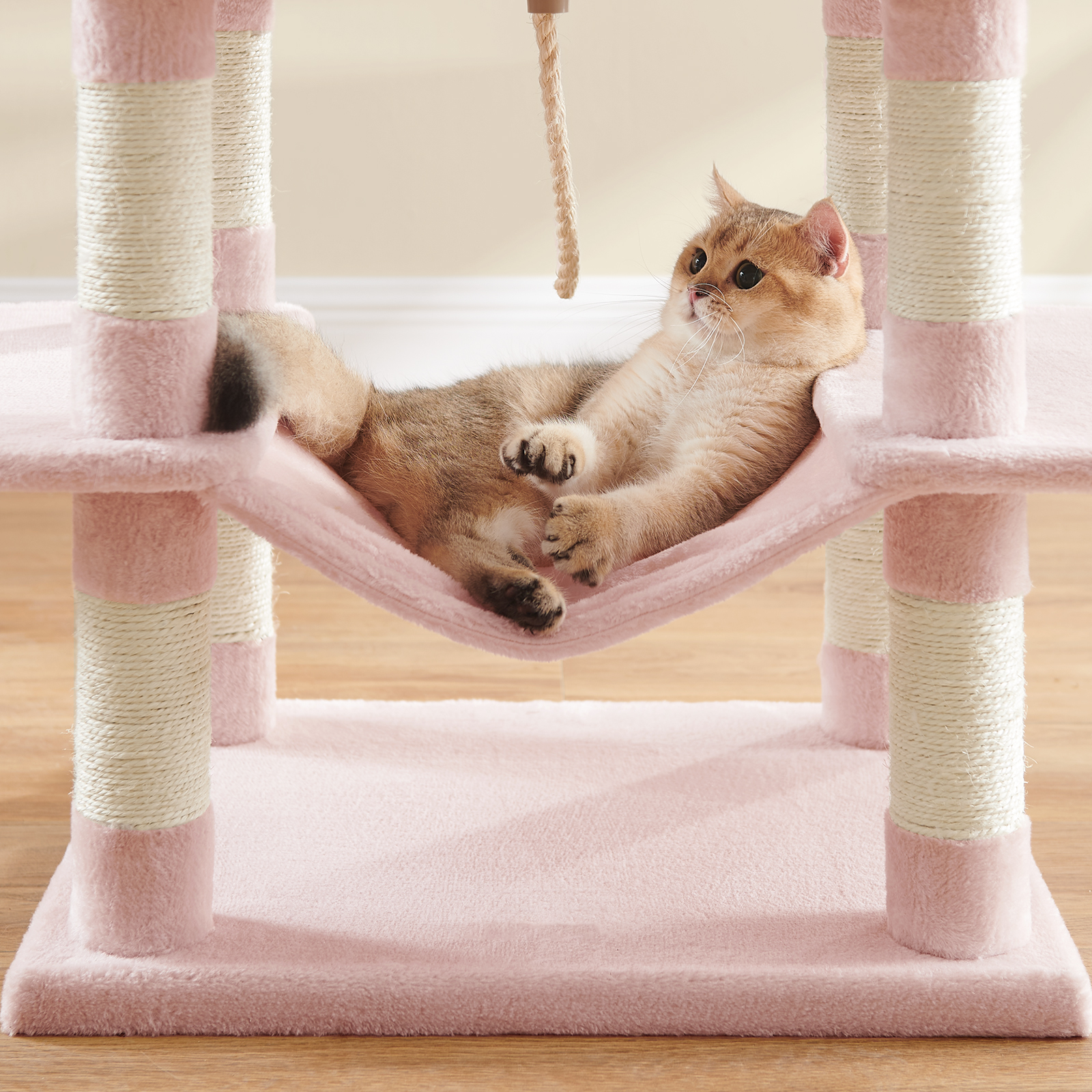 LEDREM Multi-Level Cat Tree Tower with 13 Scratching Posts, 2 Perches & Caves, Hammock, Basket & Pompoms - Plush Indoor Cat Condo, Jelly Pink