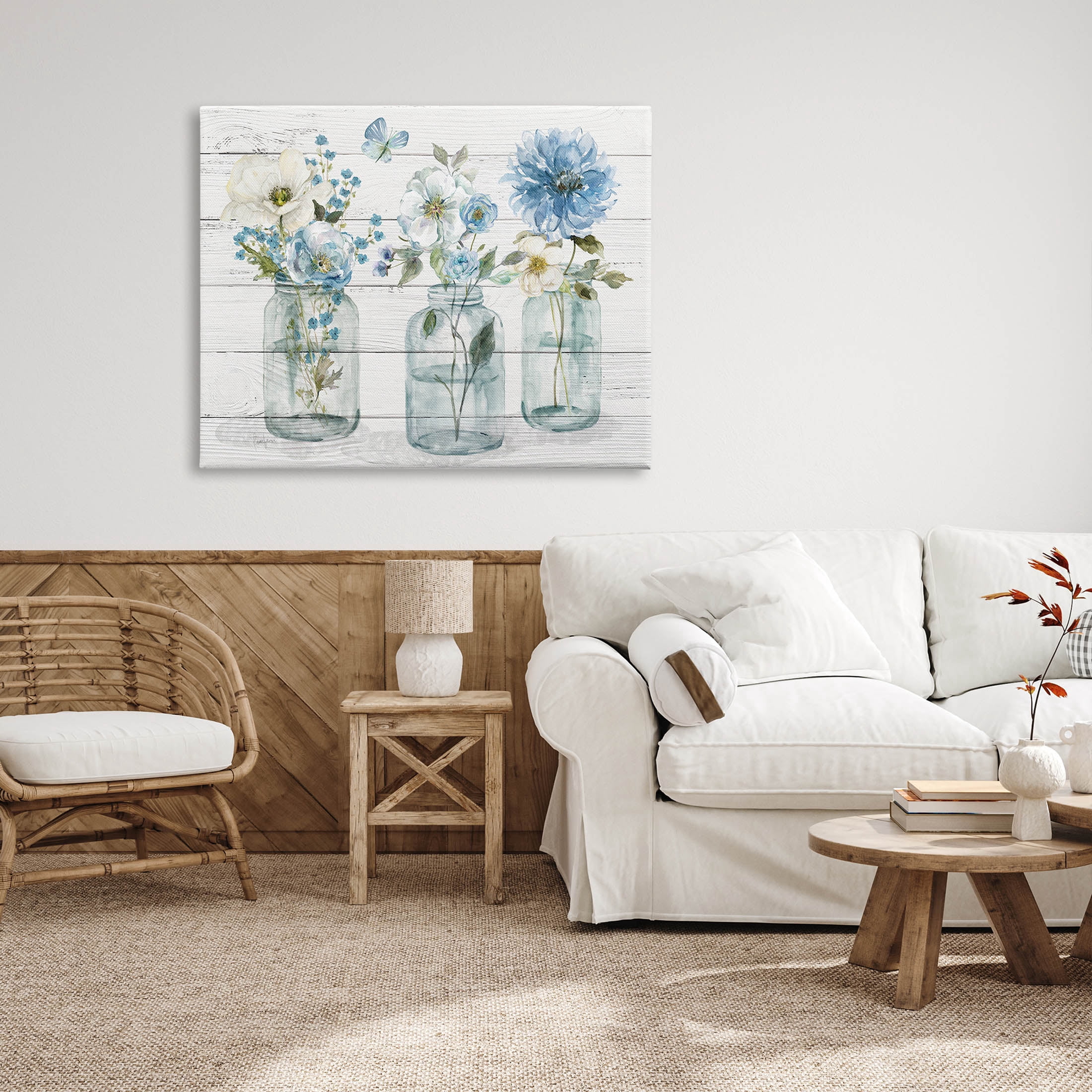 Blue Country Jar Bouquets Botanical & Floral Graphic Art Gallery Wrapped Canvas Print Wall Art