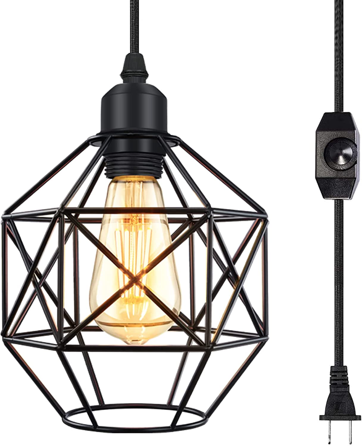 Plug in Pendant Light Hanging Lamp with 13ft Adjustable Cord E26 Black Metal Cage with on/off Switch for Kitchen Living Room Dining Room