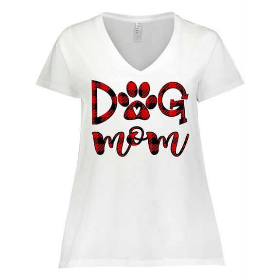 Inktastic Dog Mom with Paw Print in Plaid Women's Plus Size V-Neck T-Shirt
