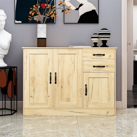 43.3 Oak Buffet Sideboard For Dining & Entryway In Home Style - Modern With 2 Doors 1 Storage Drawers Console Room
