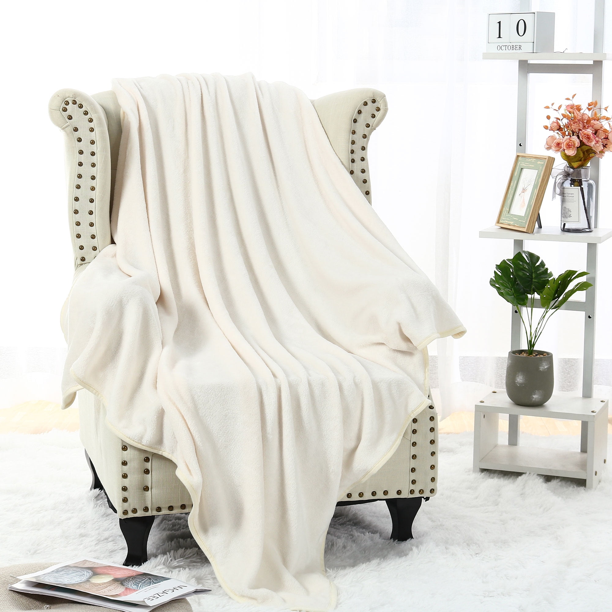 Soft Warm Flannel Fleece Blanket Solid Off White Sofa ...