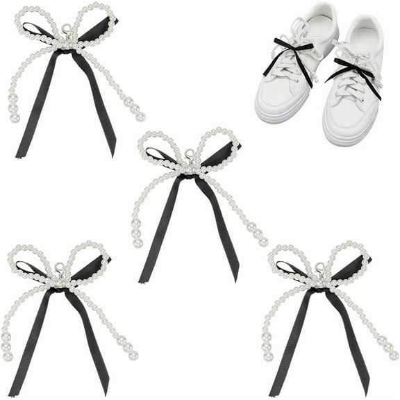 1 Set 4Pcs Shoe Charms with Lace Ribbon Pearl Shoelace Charms Bowknot Shoe Clips Pearl Shoe Decorations Plastic Bowknot Charms for Sneaker Shoe Decoration diy Black