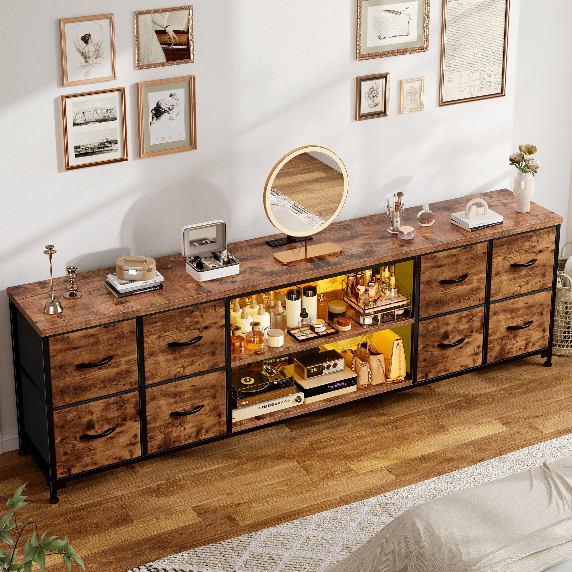 EnHomee 62.3" W TV Stand for 65 70 inch TV Dresser for Bedroom with Charging Station and LED Lights,8 Drawers Fabric Dresser with Entertainment Center for Living Room,Rustic Brown