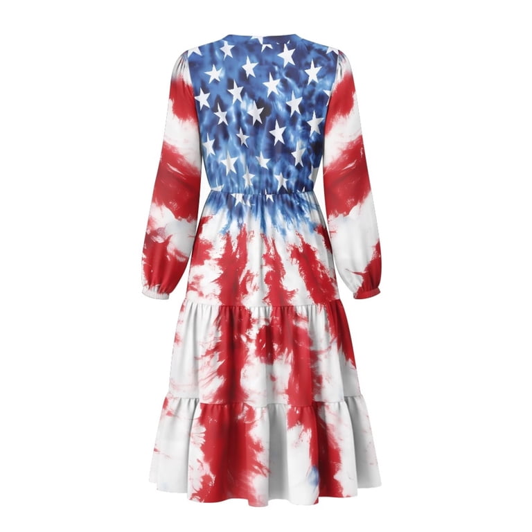 Uorisanigo Tie-Dye American Flag Women's Midi Dress Long Sleeve