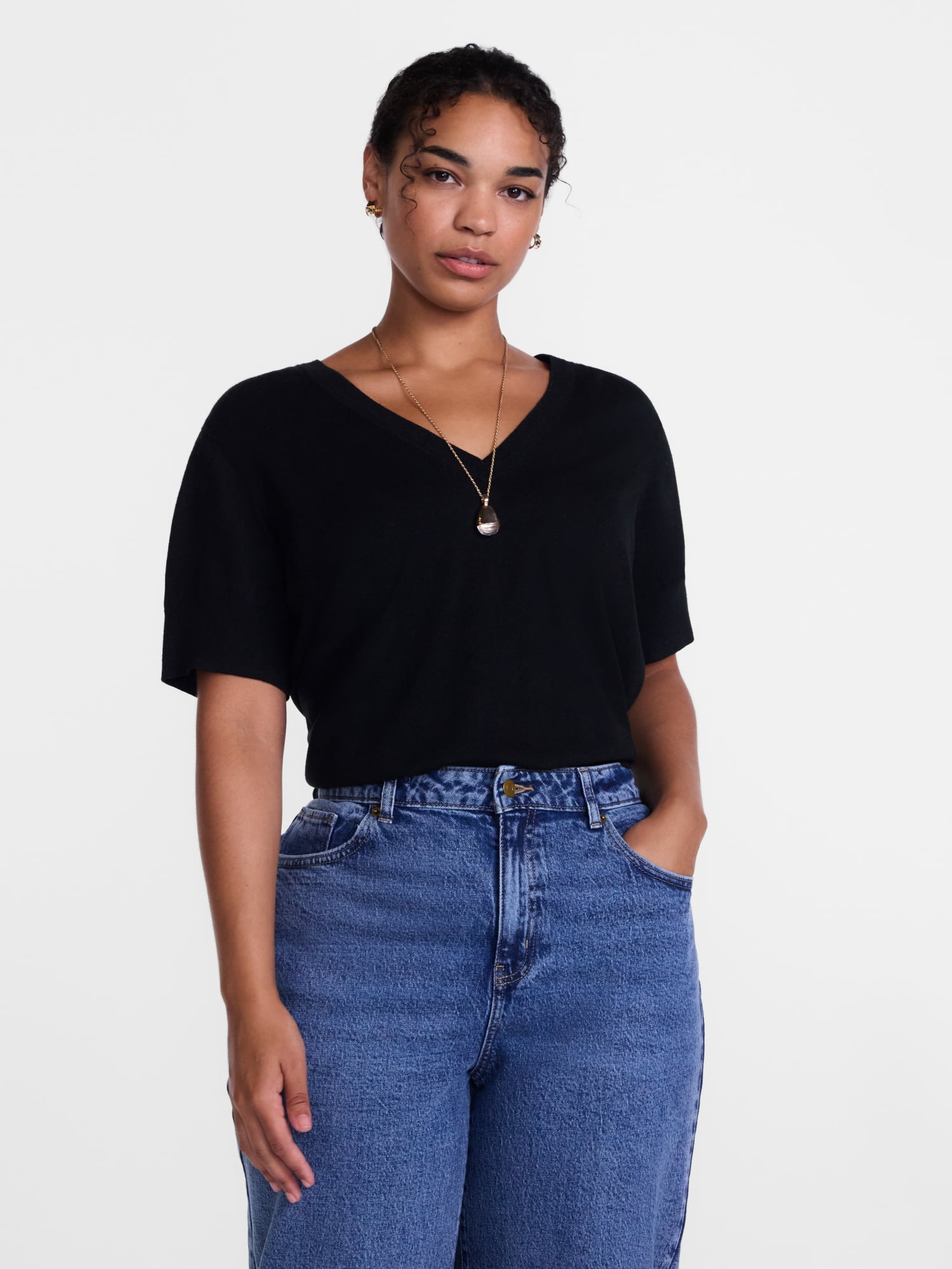 Scenario Women's V-Neck Lightweight Sweater with Short Sleeves, Sizes XS-XXXL