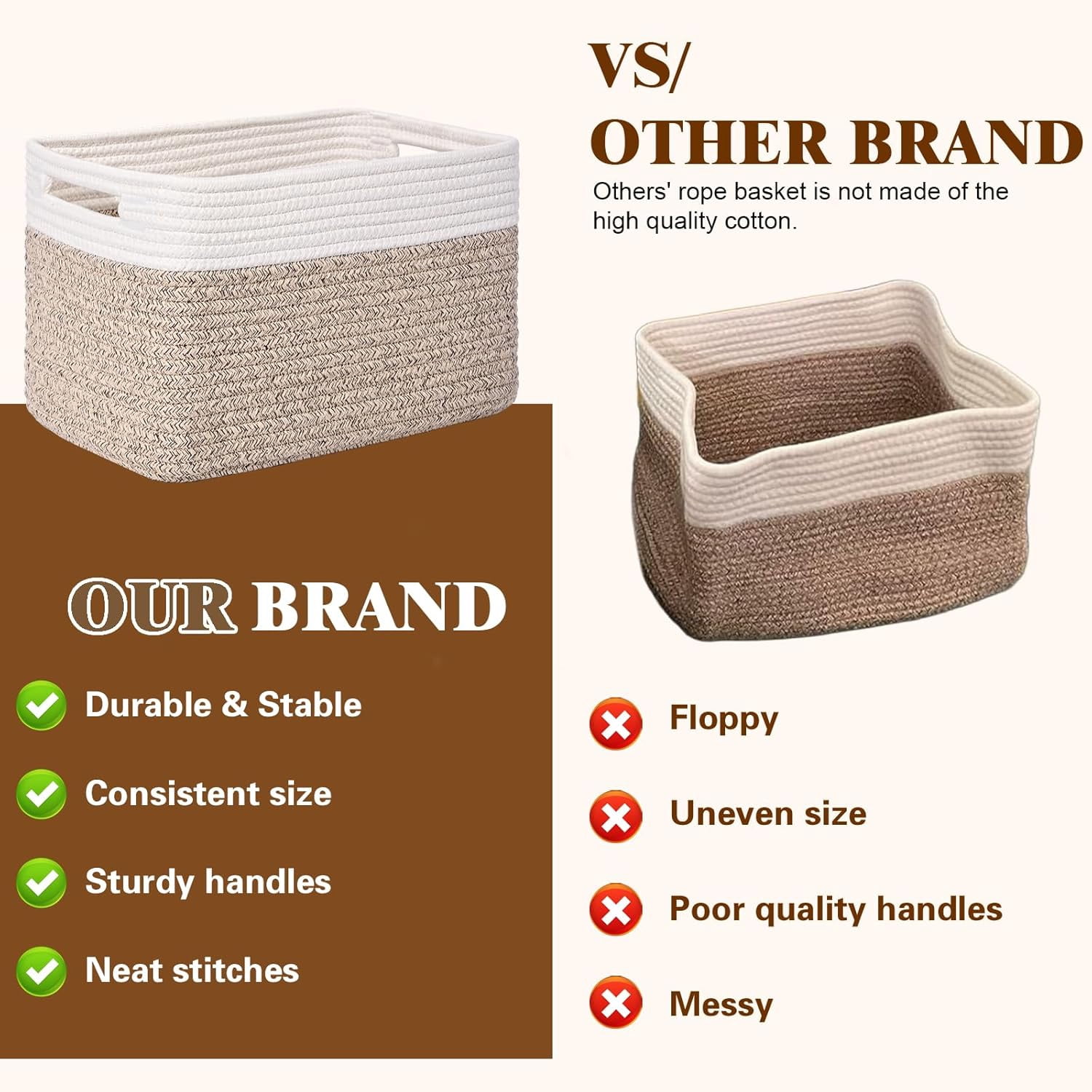 Natubeau 4 Pack Woven Storage Basket for Shelves, 13"x9"x8" Cotton Rope Woven Baskets for Organizing, Square Storage Bins with Handle, Brown & White
