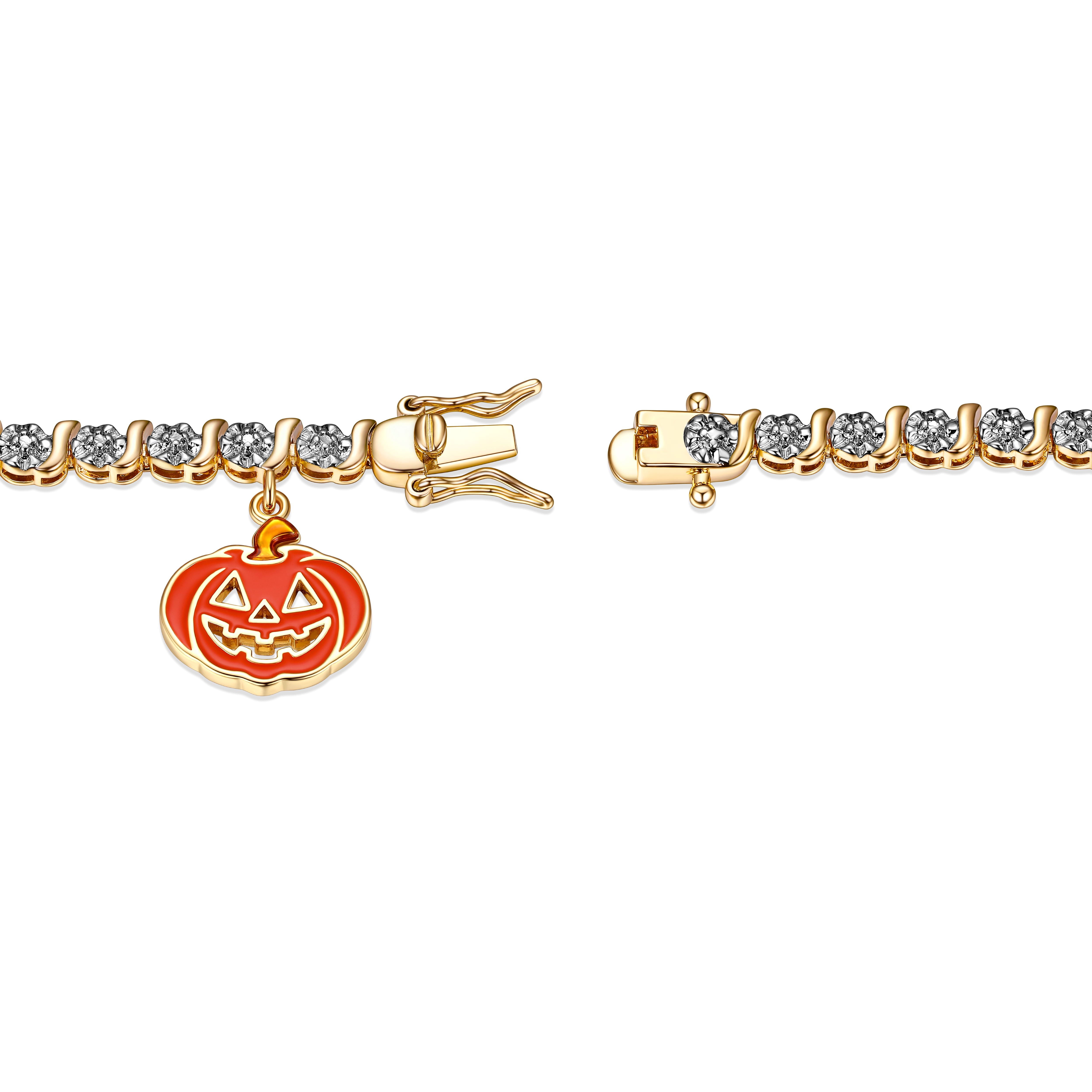 Fine Silver Plated Diamond Accent "S" Link Gold ToneTennis Bracelet With Enamel Halloween Pumpkin Charm 7.25"