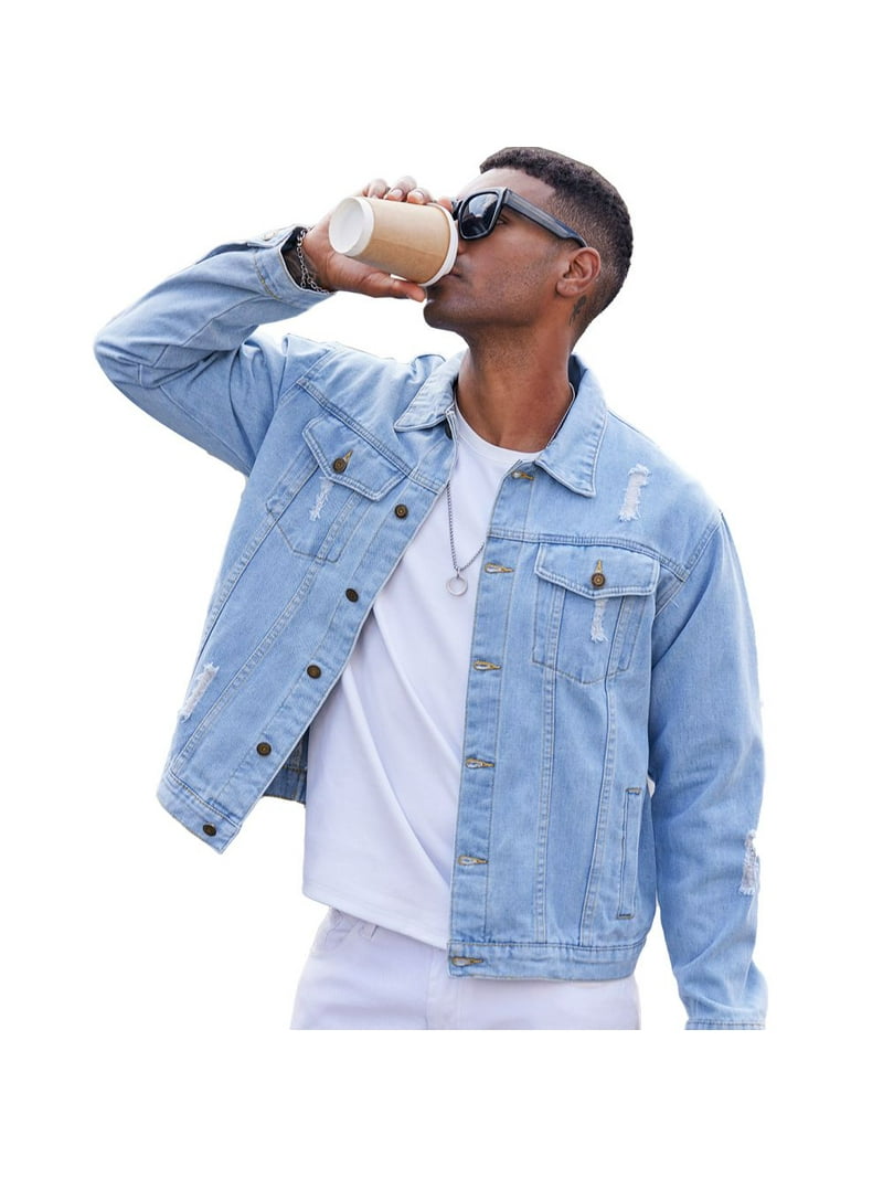 LZLER Casual Jean Jacket for Men Ripped Sports Denim Jacket