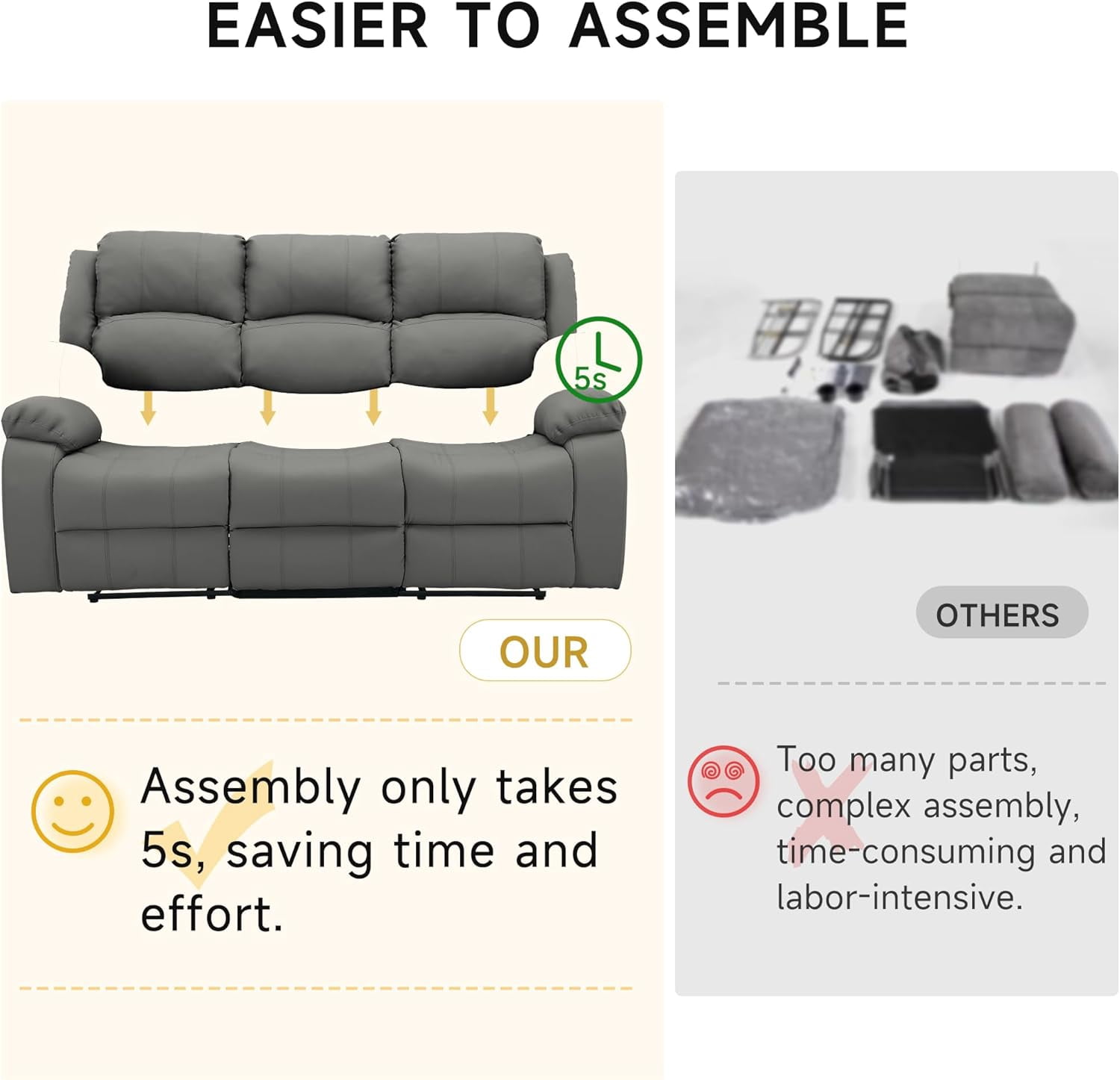 Chizzysit Reclining Loveseat Sofa Leather Recliner Sofa 3 Seater Couch for Living Room, Home Theater Seating - Gray