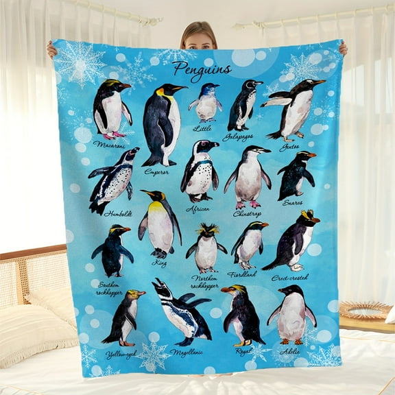 [Soft Flannel Blanket] Soft Educational Flannel Blanket | Penguin Species All-Season Machine Washable Bedding with Snowflake Design, Contemporary Blue Penguin Pattern for Home Decor & Wildlife Enthus