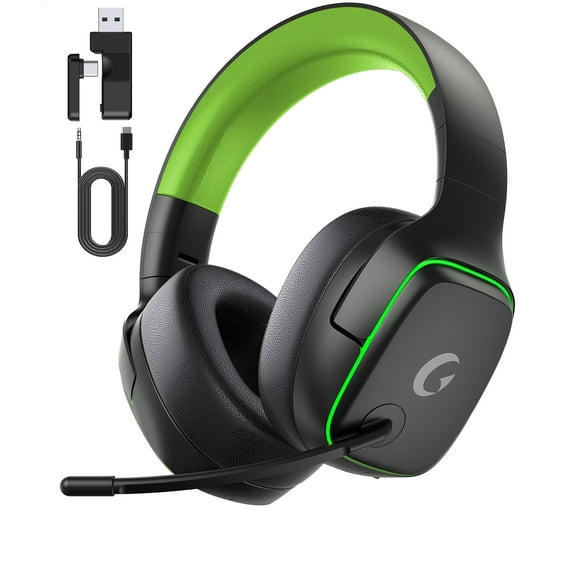 Auriculares Inalámbricos para Juegos de 2,4 GHz para PS5/PS4/PC/Switch/Xbox - Auriculares Bluetooth 5.3 con Micrófono con Cancelación de Ruido, Sonido Surround 7.1, Duración de Batería de 70 H, Luces RGB, Plegables, Portátiles, Negro y Verde