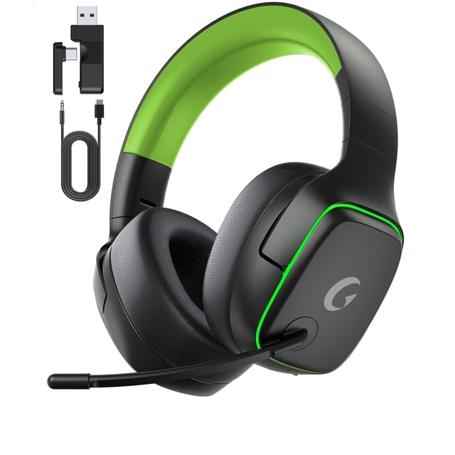 Auriculares Inalámbricos para Juegos de 2,4 GHz para PS5/PS4/PC/Switch/Xbox - Auriculares Bluetooth 5.3 con Micrófono con Cancelación de Ruido, Sonido Surround 7.1, Duración de Batería de 70 H, Luces RGB, Plegables, Portátiles, Negro y Verde