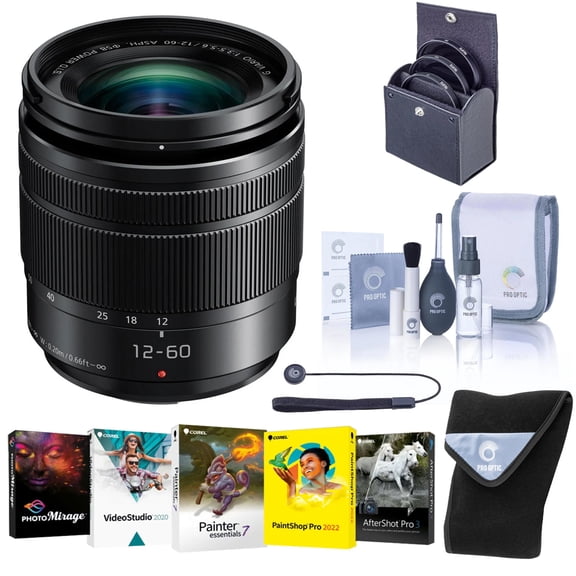 Panasonic Lumix G Vario Lens, 12-60MM, F3.5-5.6 ASPH, Mirrorless Micro Four Thirds, Power Optical I.S. H-FS12060 (USA Black) Bundle with Filters, Lens Wrap, PC Photo/Video Software, Cleaning Kit