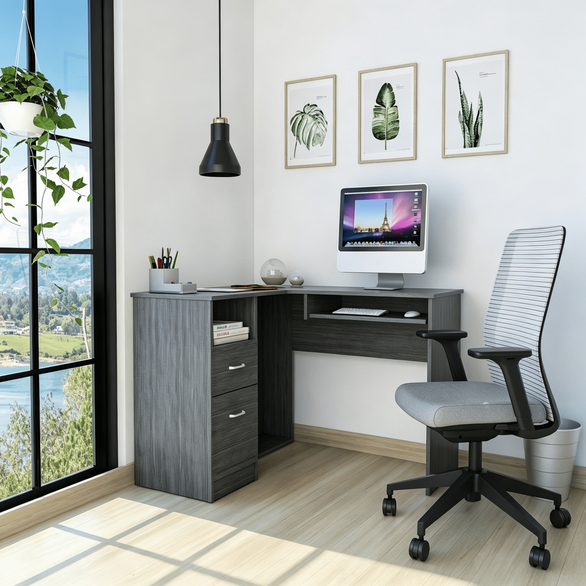 Asteroutdoor Smokey Oak L-Shaped Computer Desk with 2 Drawers and 1 Shelf