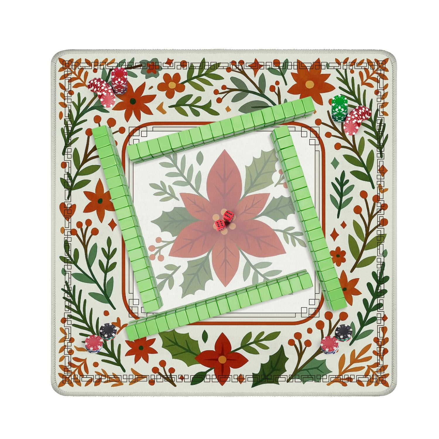 Mahjong Mat 31.5" x 31.5" Festive Poinsettia Flower Holiday Greenery Red Floral Anti-Slip and Noise Reduction Symmetry Design Mahjong Tiles Table Cover for Dominoes Poker Card Board and Tile Games