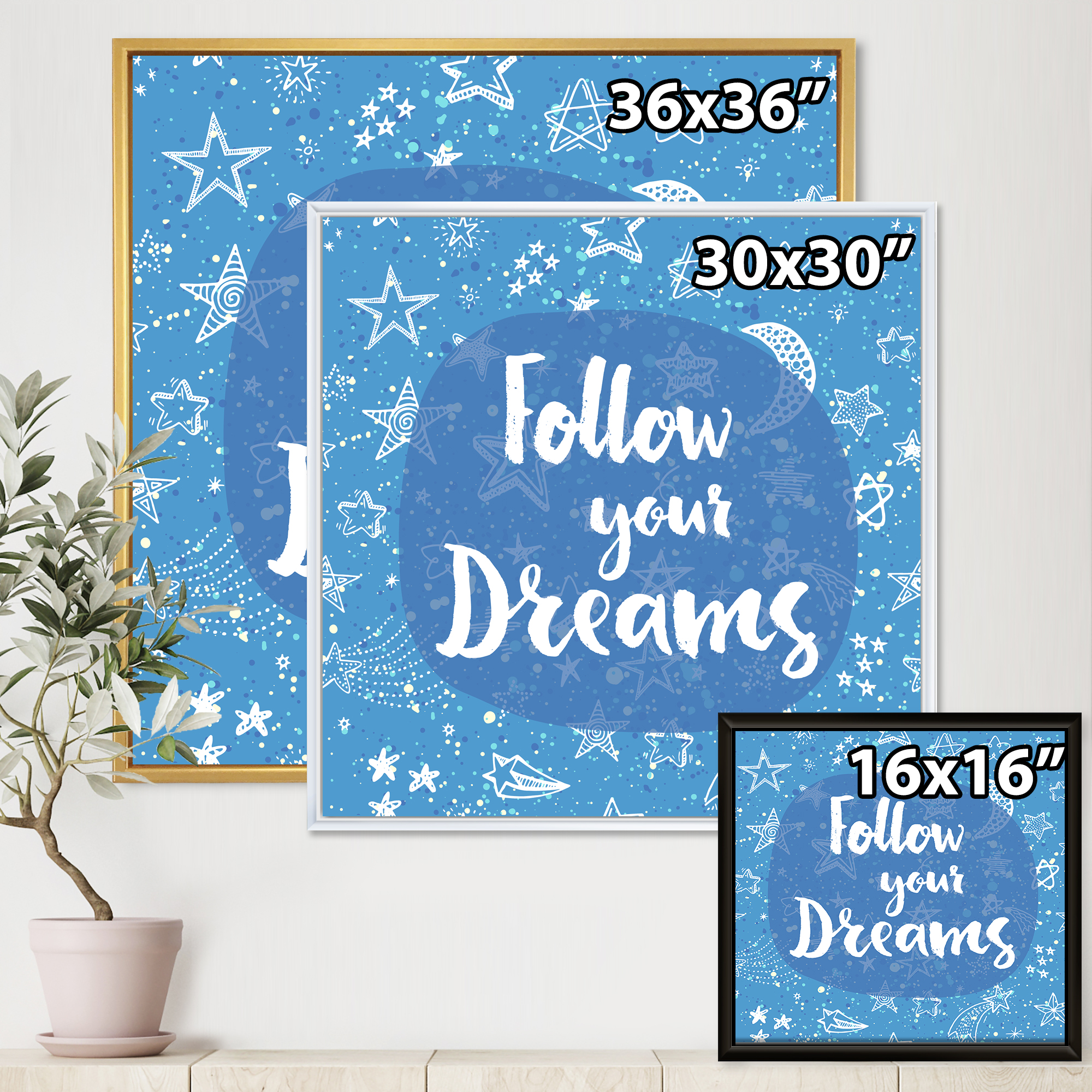 Designart 'Follow Your Dreams On Blue II' Modern Framed Canvas Wall Art Print