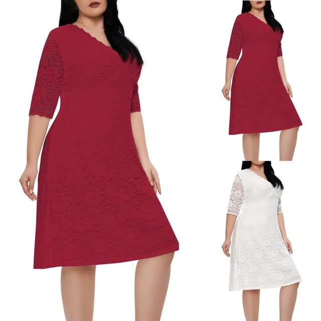 Gspmoly Robe d'Été, Robe Aguichant en Dentelle à Col en V pour Femme Grande Taille avec Manches Mi-Longues, Robes de Cocktail Offres Prime