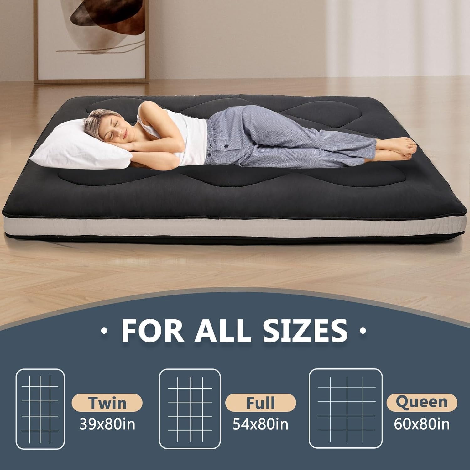ABORON Japanese Floor Mattress Futon Mattress Full Size, Thicken Tatami Mat Sleeping Pad Foldable Roll Up Mattress Black