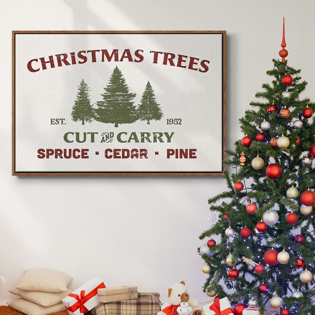 Christmas Farm Sign I - Framed Gallery Wrapped Holiday Canvas - 25 x 37 - Rosewood Frame