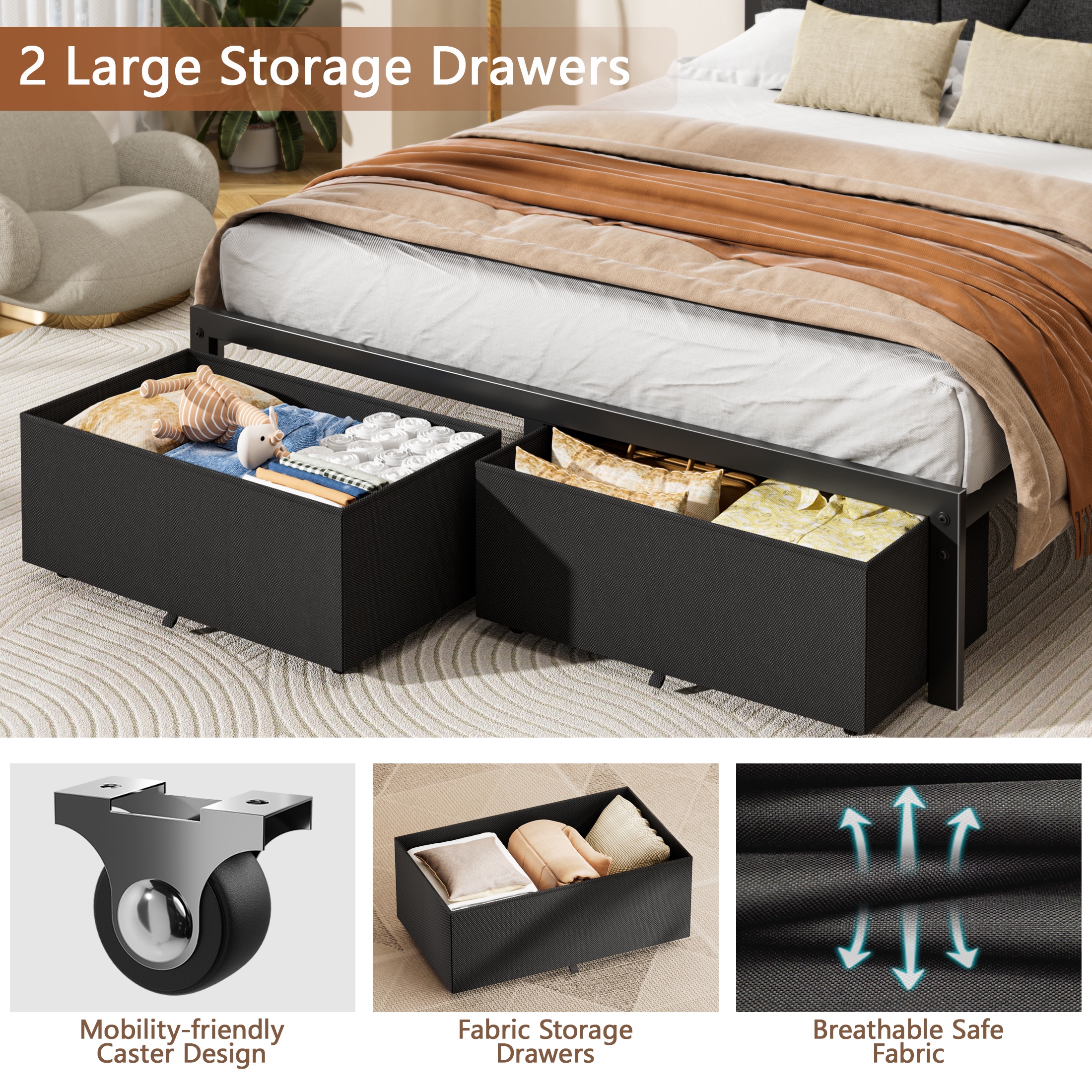 Satifur Queen Bed with Storage Drawers, LED Lights & Charging photo 5