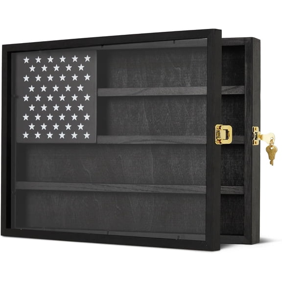 Challenge Coin Display Case, 4-Row Wooden Challenge Coin Holder Display with Double-Groove Shelves, Lock & Acrylic Door, for Military Medals, Casino Poker Chips, Collectibles, Black