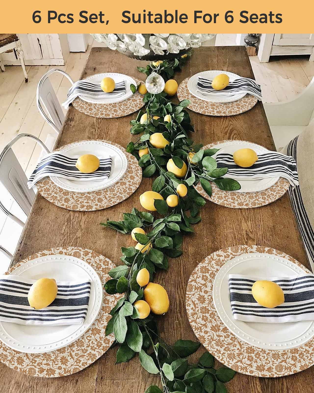 13 Inch Round Placemats Set of 4, Brown Floral Non Slip Heat Insulation PP Table Mats, Vintage Rustic Flowers Botanical Spring Washable Place Mats for Kitchen Dining Party Table Decor