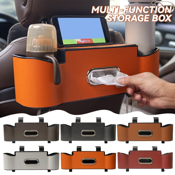 Multifunctional Car Seat Back Organizer with Cup Holder and Hook, Plastic Vehicle Headrest Tissue Box Holder for Cars, SUVs and Trucks - Easy Install Universal Design (1-Pack Tissue Box)