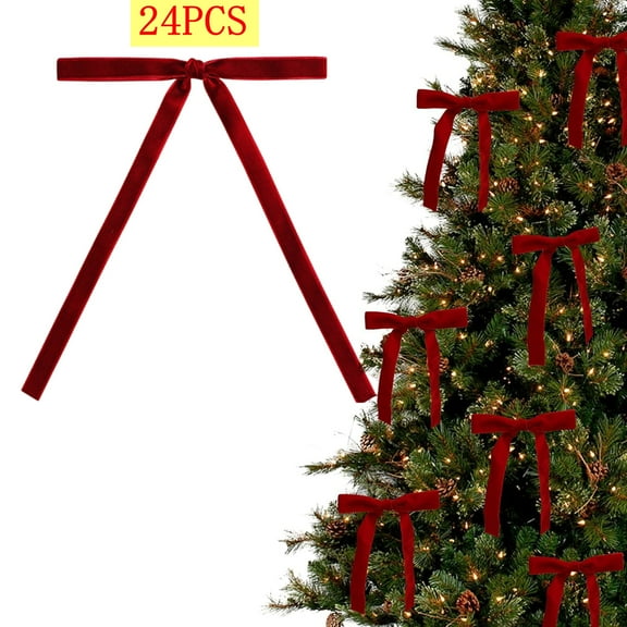 Bxaolu 24pcs Red Velvet Bows for Christmas Tree Decorations Wreath Garland Velvet Bows with Gold Twist Ties (Red)
