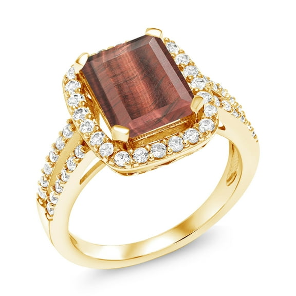 Gem Stone King 3.62 Ct Emerald Cut Red Tiger Eye 18K Yellow Gold Plated Silver Ring (Size 8)