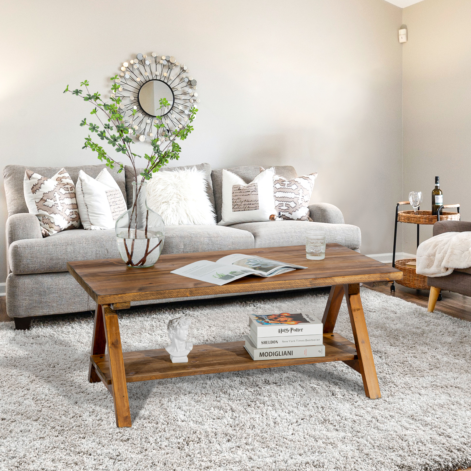 42.5” Rustic Solide Wood Coffee Table with Shelf, Coffee Center Table for Living Room, Mid Century Modern Rectangle, Oak