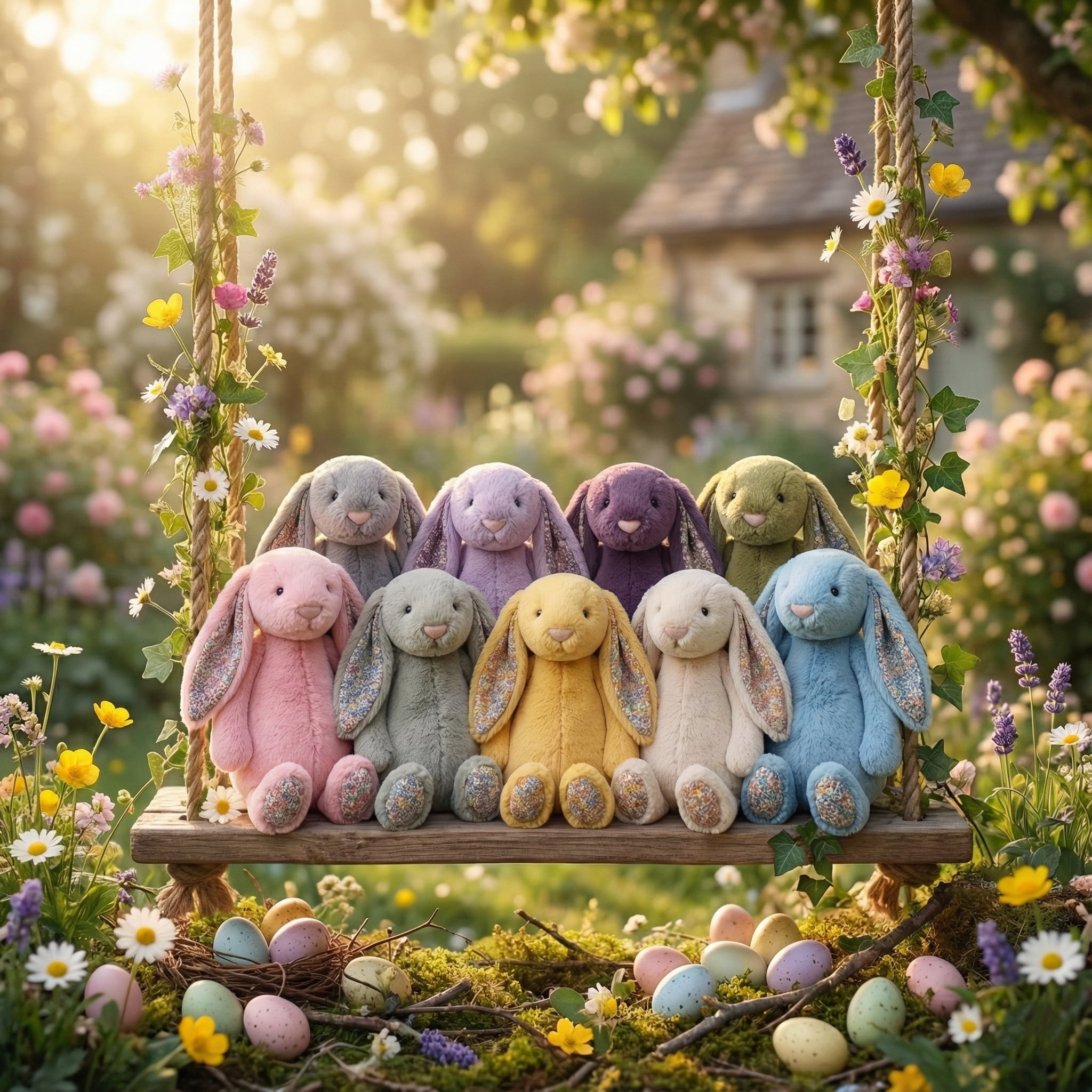 Aximioll 9pc 9.8" Floral Easter Bunny Plush Set - Large Vintage Rabbit Stuffed Animal Bulk - Soft Spring Decor & Big Basket Stuffers - Cottagecore Flower Pattern Gift for Kids (Assorted Colors)