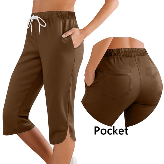 Womens Sports Capris Summer High Waisted Drawstring Soft Loungewear Pants Comfy Workout Cropped Trousers with Pockets Brown XL