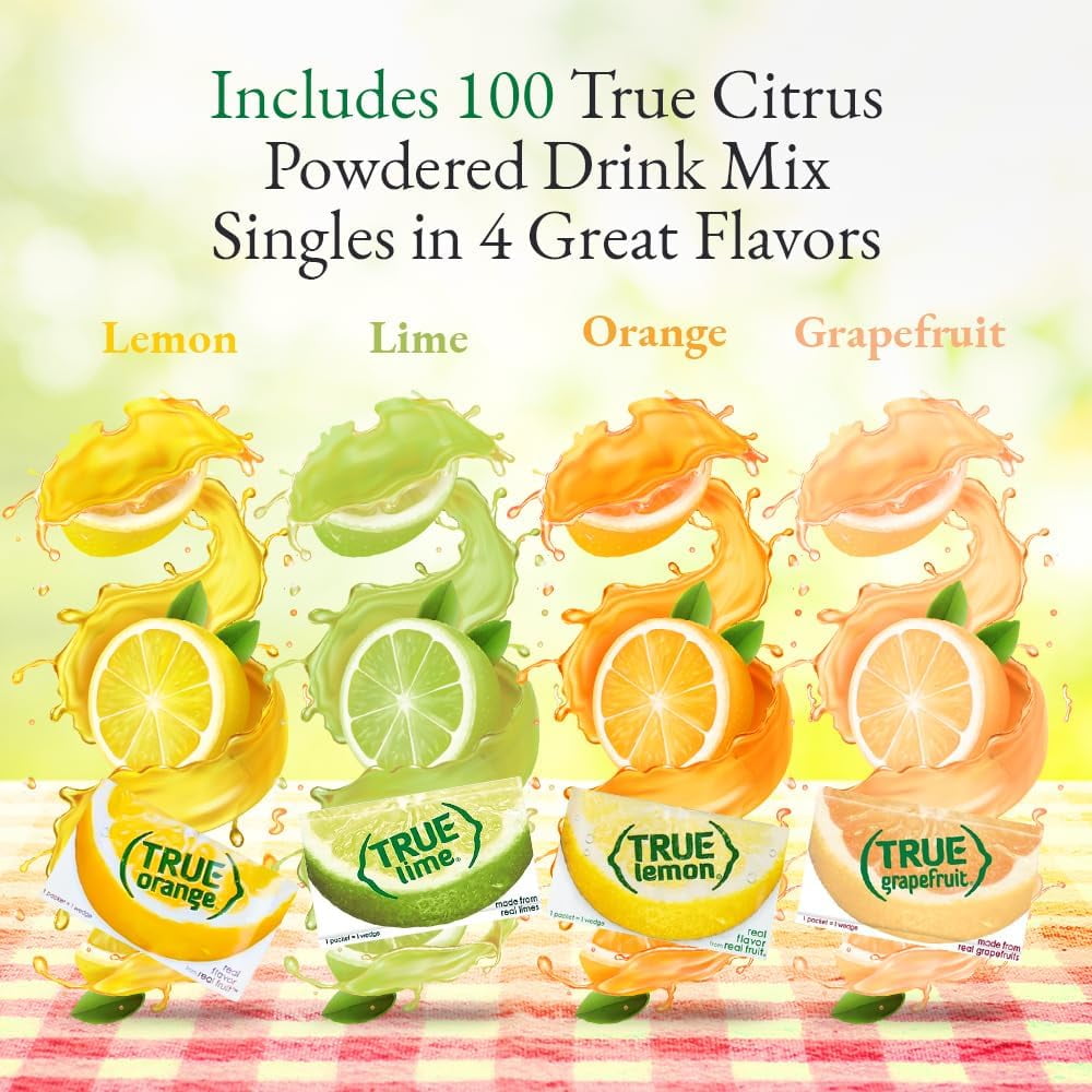 (100 Pack, 25 Each) True Lemon, True Lime, True Orange, True Grapefruit, Packaged by BOLT BOX - On-The-Go Powdered Drink Mix Water Enhancer Variety Pack, Zero Calorie Unsweetened Water Flavoring