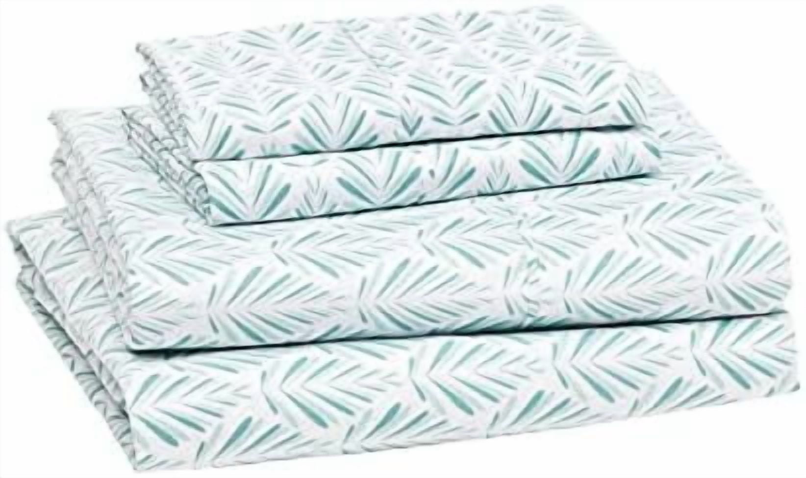 Basics Lightweight Super Soft, Breathable Easy Care Microfiber 4 Piece Bed Sheet Set With 14" Deep Pockets, King, Aqua Fern, Printed