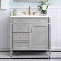 ANGELES HOME 36" Bathroom Vanity with Sink Top Combo Set, Freestanding Solid Wood Bathroom Makeup Cabinet W/ 1 Soft-Close Door and 3 Soft-Close Drawers, Carrara White Quartz Countertop (White)