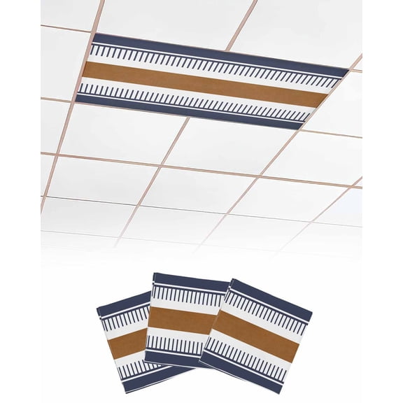 Modern Brown Blue Fluorescent Light Covers for Ceiling Lights 4x2 feet,3 Pack Magnetic Light Filters for Classroom,Boho Contemporary Geometric Striped Fluorescent Light Shade Panel for Office School