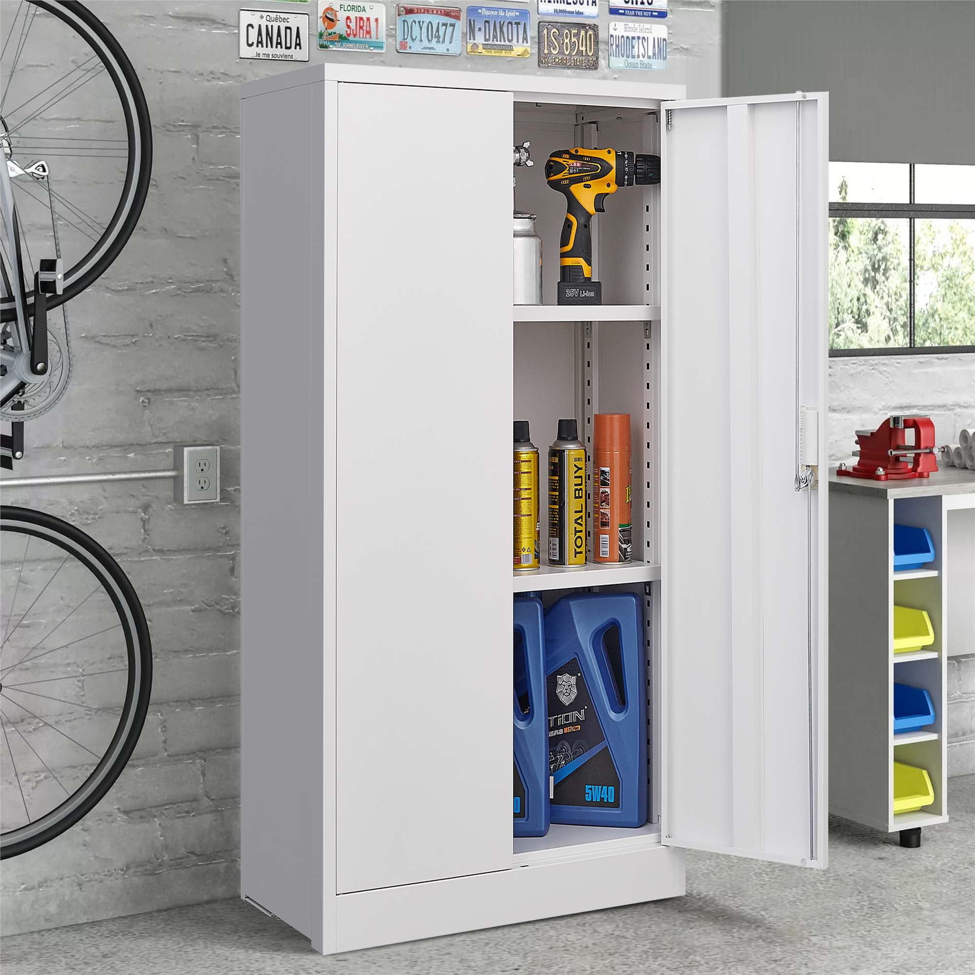 Aukfa 42" Tall Metal Garage Storage Cabinet,Utility Cabinets with Locking Doors and Adjustable Shelves, White