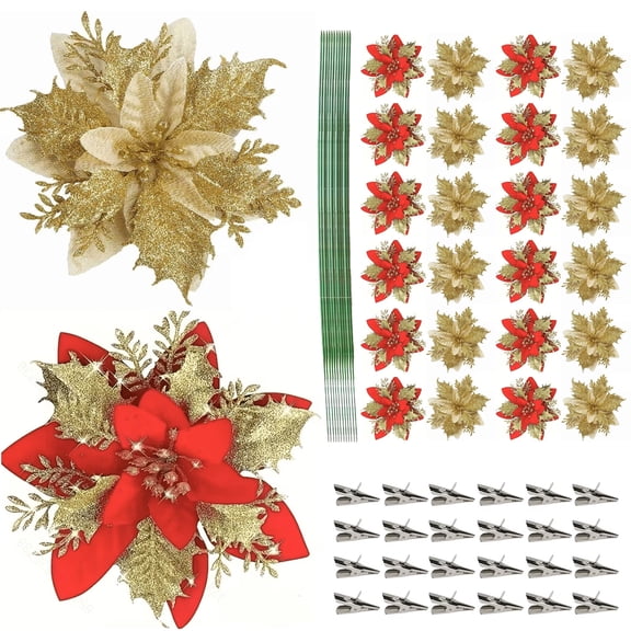 24 PCS 5.5" Gold and Red Poinsettia Flower Artificial Poinsettia with Clips Christmas Decor Glitter Poinsettia Christmas Ornaments Christmas Tree Flower Decor DIY Xmas Wreath Holiday Party Decor