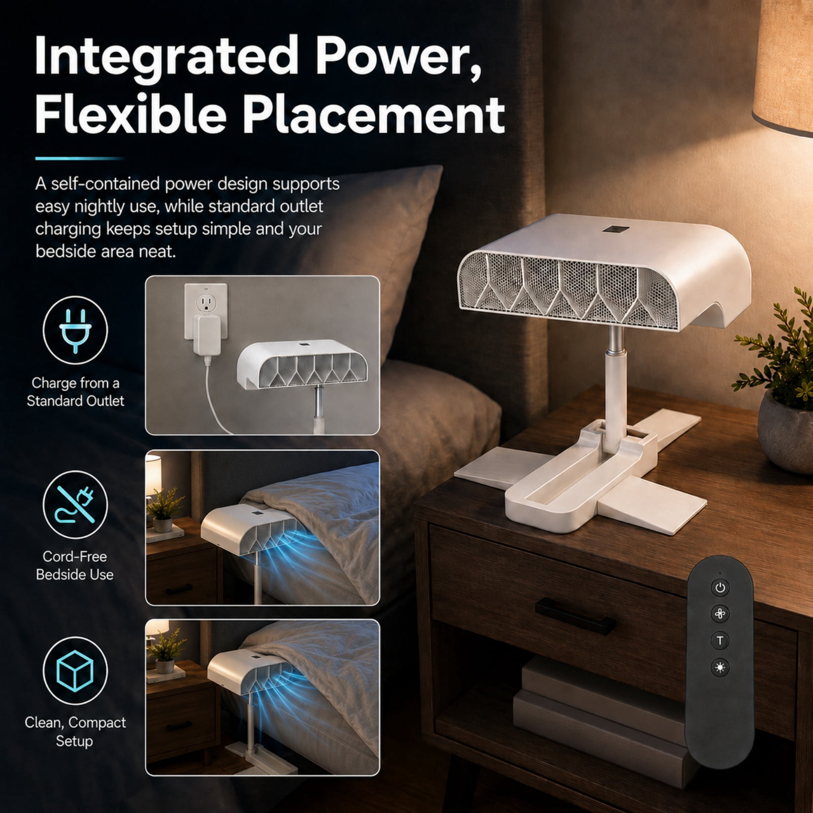 Snoozly Bed Fan, Directed Airflow Conveyance with Adjustable Supports, Silent Operation with Cordless Power Supply and Five-Speed Adjustment, Digital Control Panel, Ideal for Indoor