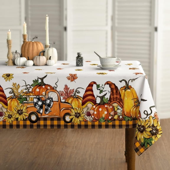 Fall Tablecloth 60x120 Inch Rectangular, Thanksgiving Autumn Harvest Orange Truck Gnome Pumpkin Buffalo Plaid Table Cover for Party Picnic Dinner Decor