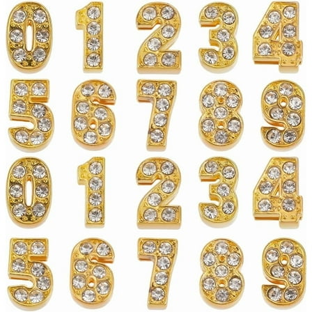 1 Box 50Pcs 10 Styles Rhinestone Slide Charms Gold Number Bead Bulk Metal Alloy Bling Art 3D Decor 0 to 9 Digital Numbers Slide Charm Bead for Jewelry Making Bracelet DIY Crafts Supplies